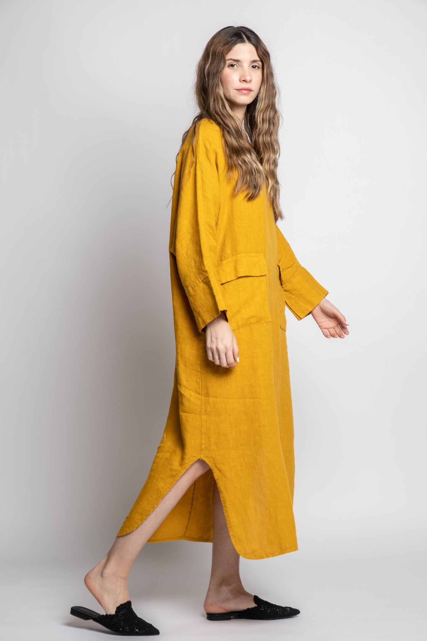 Long Linen Dress With Pockets Processed in Como Lake