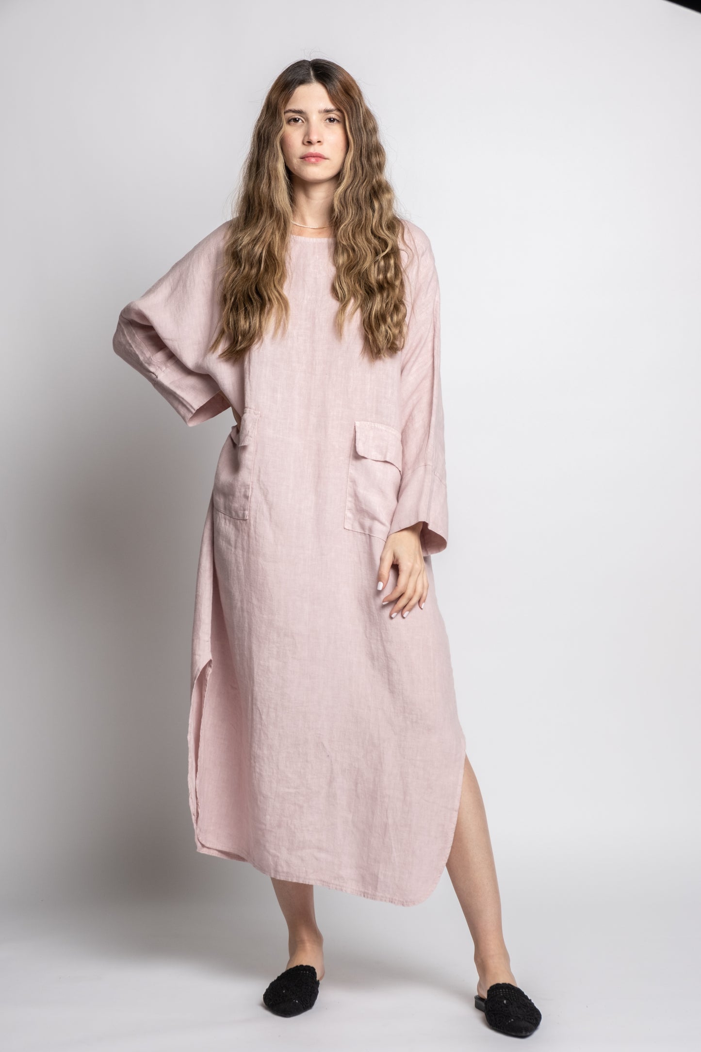 Long Linen Dress With Pockets Processed in Como Lake