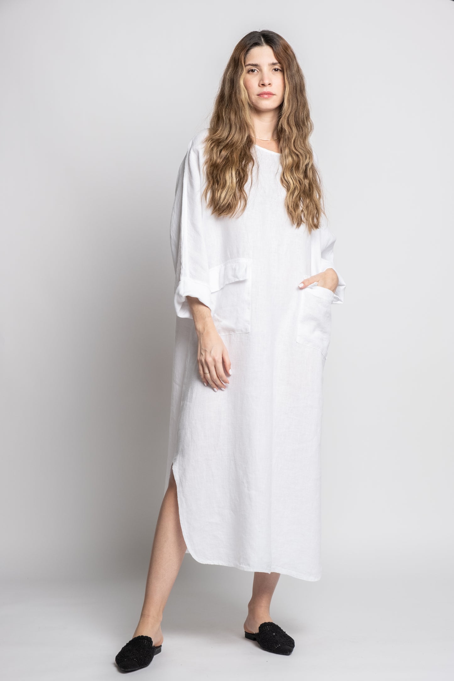 Long Linen Dress With Pockets Processed in Como Lake