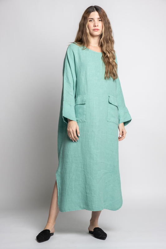 Long Linen Dress With Pockets Processed in Como Lake