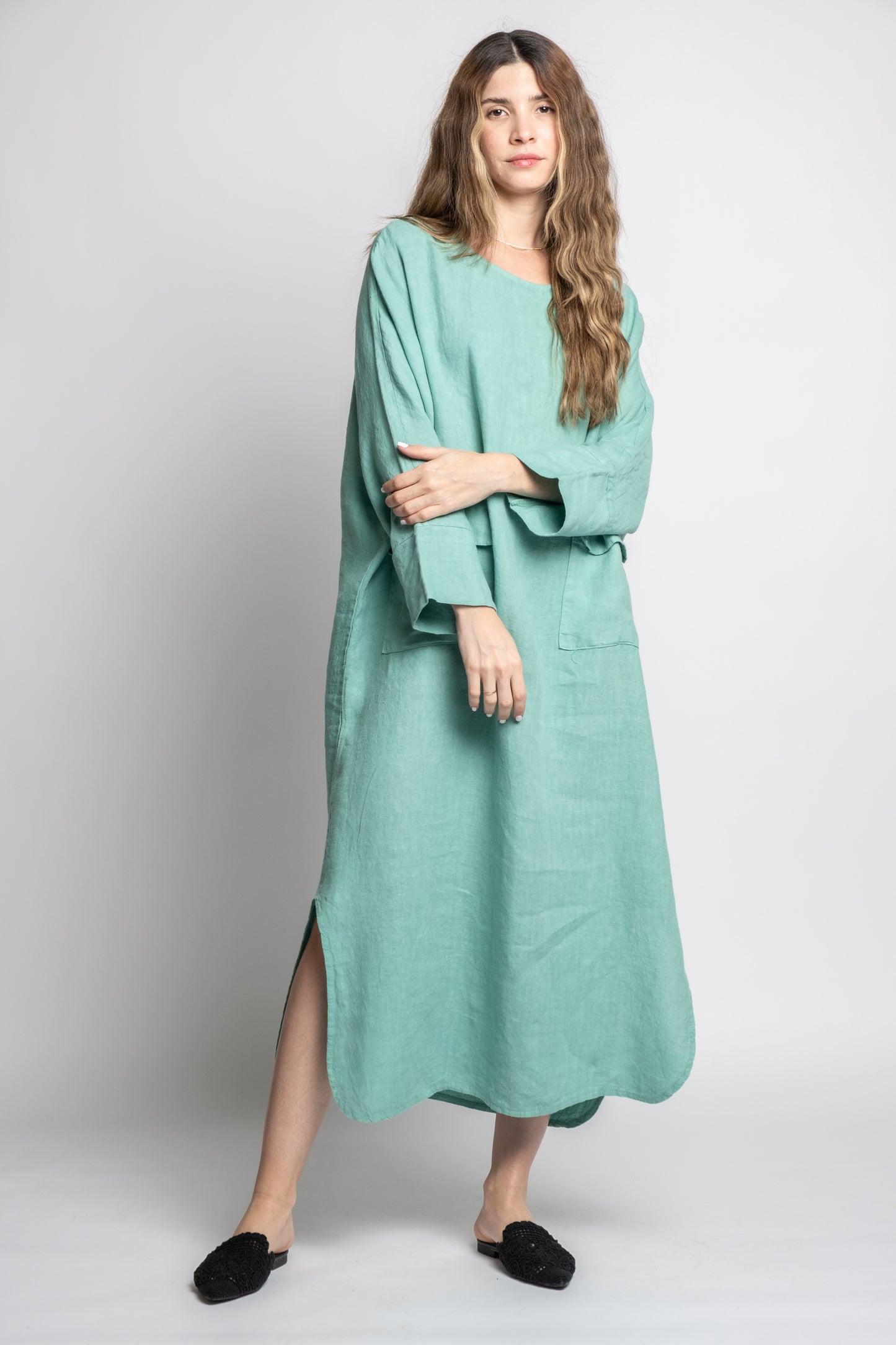 Long Linen Dress With Pockets Processed in Como Lake