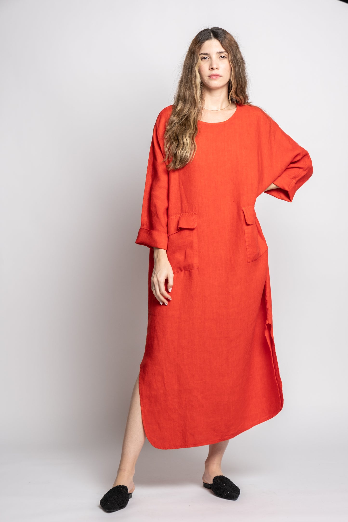 Long Linen Dress With Pockets Processed in Como Lake