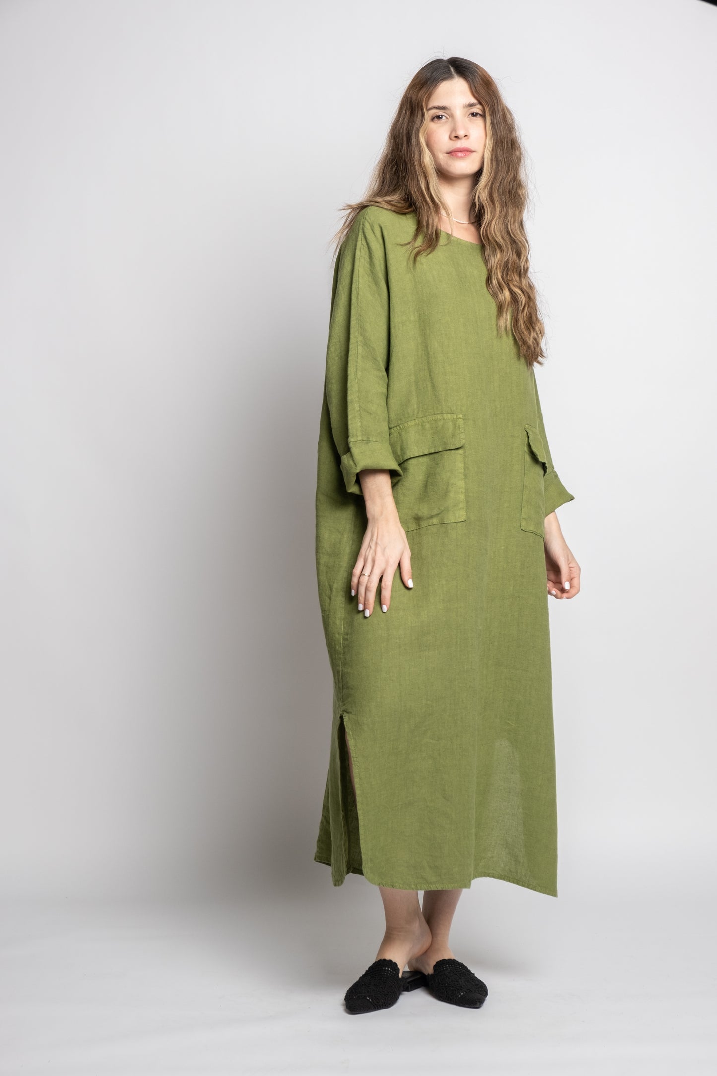 Long Linen Dress With Pockets Processed in Como Lake