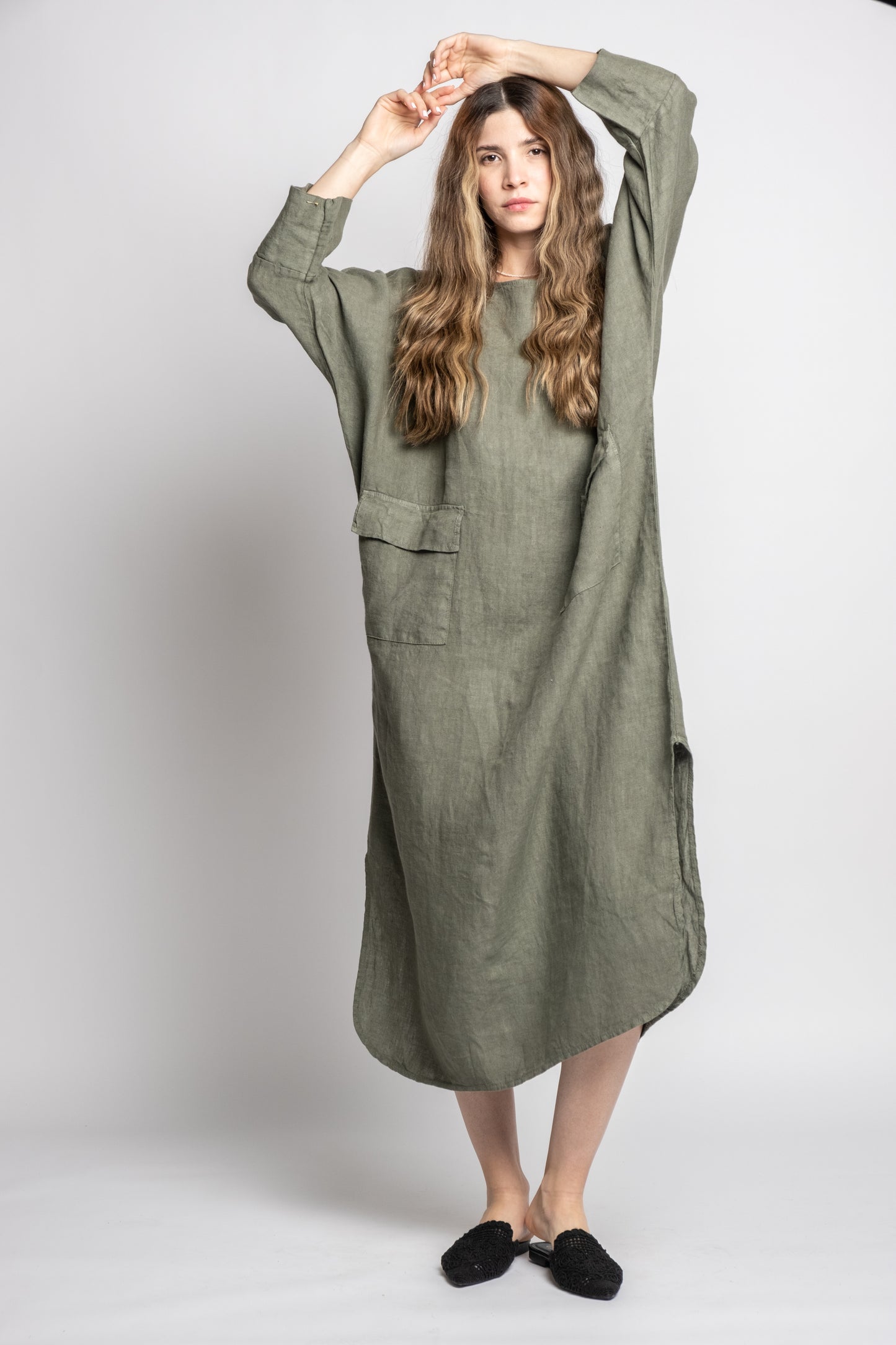 Long Linen Dress With Pockets Processed in Como Lake