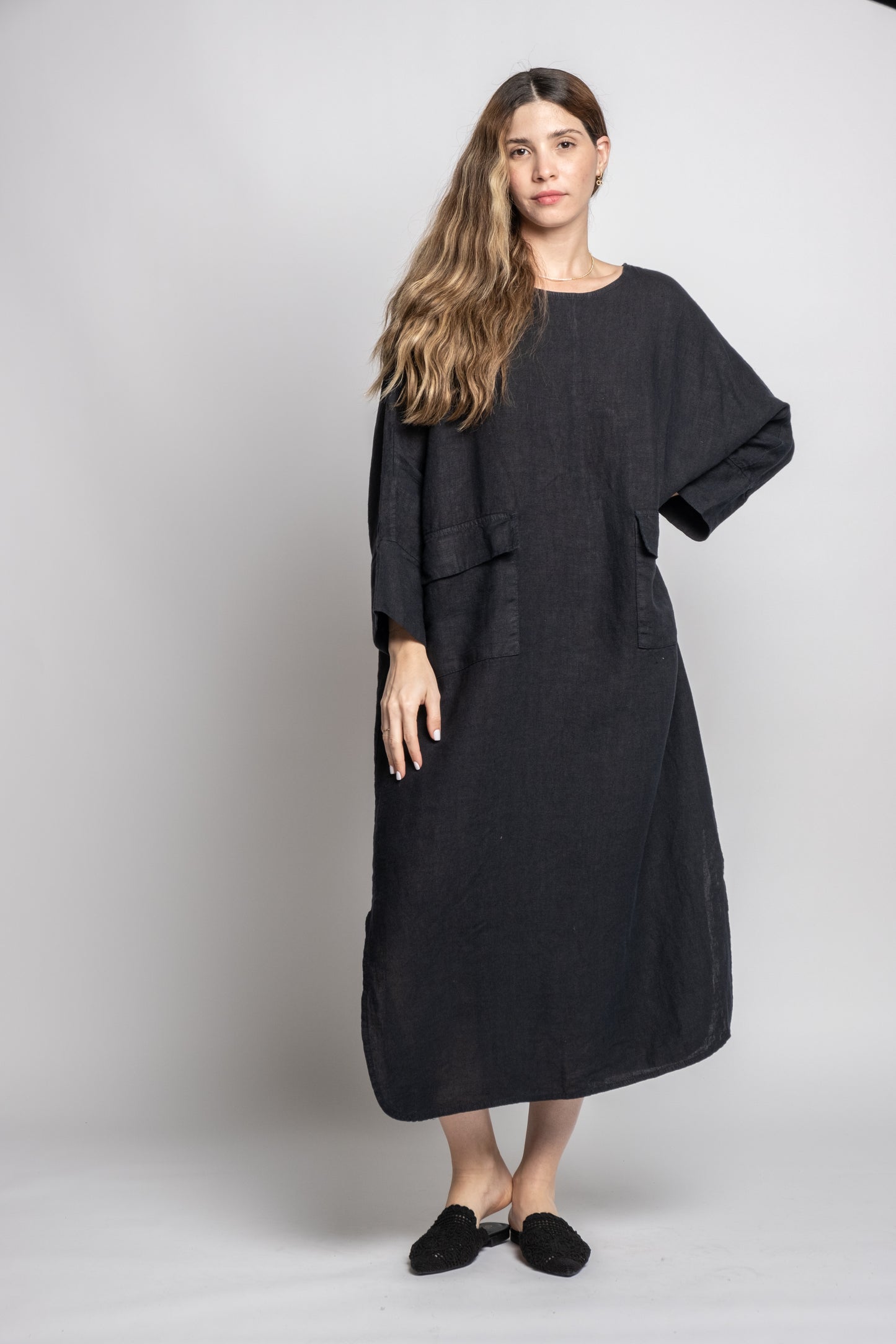 Long Linen Dress With Pockets Processed in Como Lake